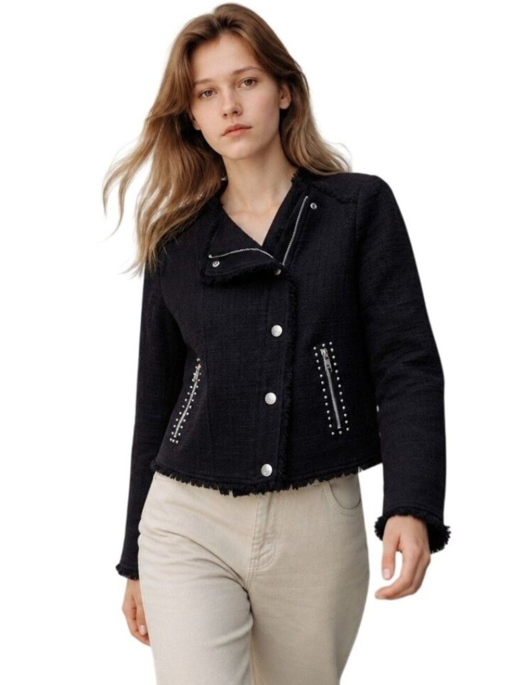 Karl Lagerfeld Paris Women's Tweed Jacket 12 Black Fringe Frayed Hem Moto Edgy